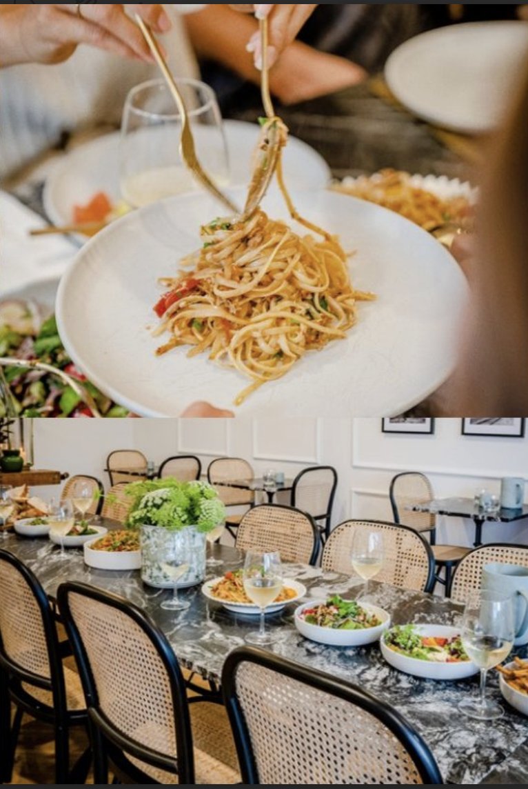 Family style lunch shared table with pasta, salads and wine